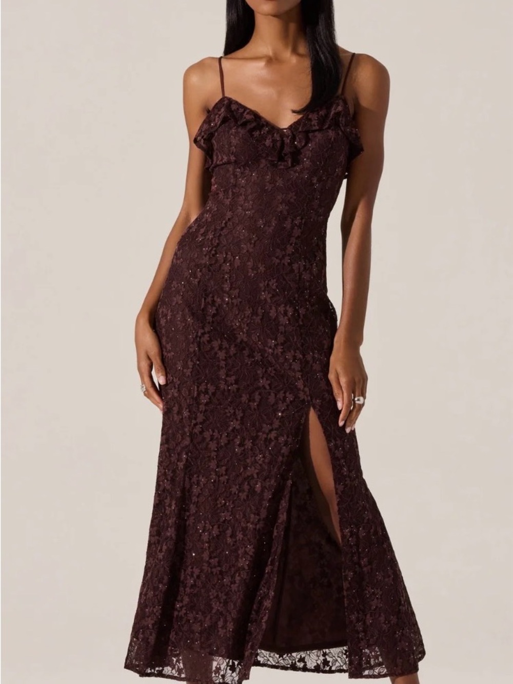 Astr Brown Lace Ruffle-Trim Midi Dress